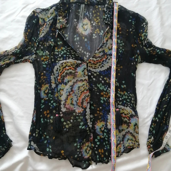 By Anthropologie Peasant Blouse Button Up Semi Sheer Pleated Top Neck Tassels XS - Picture 15 of 16